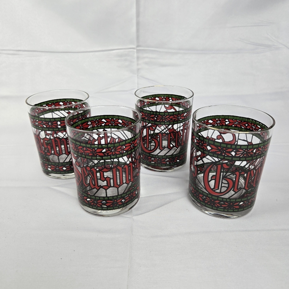 Vintage Houze Stained Glass Seasons Greetings Christmas Glasses 12 oz Set Of 4